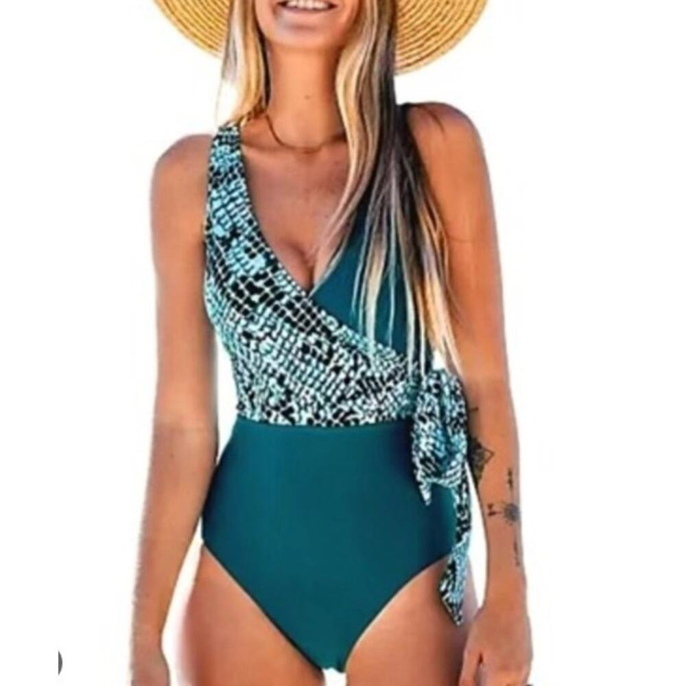 NWT Cupshe Teal Side Tye Figure Flattering One-Peice Swimsuit Women's Sz XS
